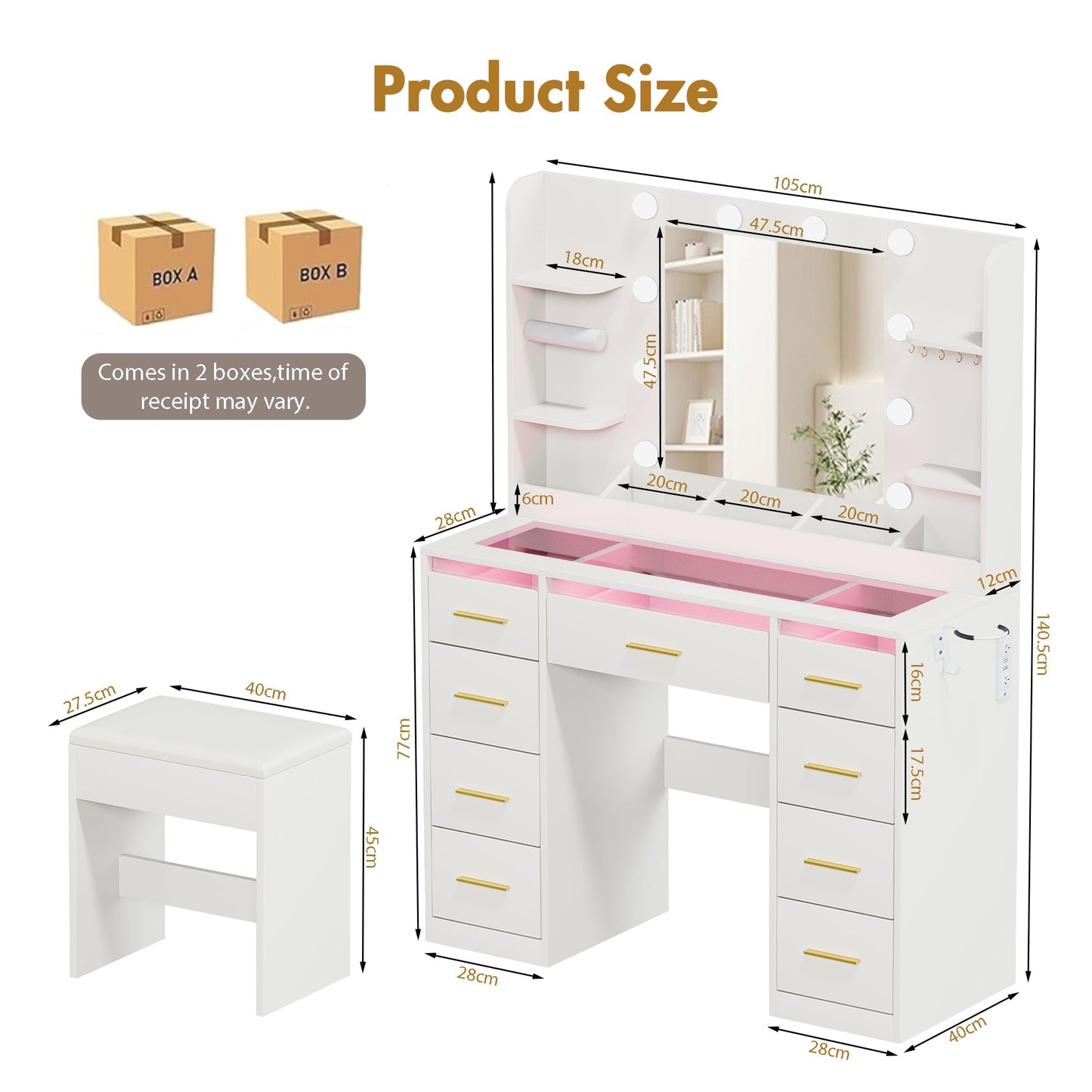 Advwin LED Makeup Vanity w/ Charging Station & 9 Drawers