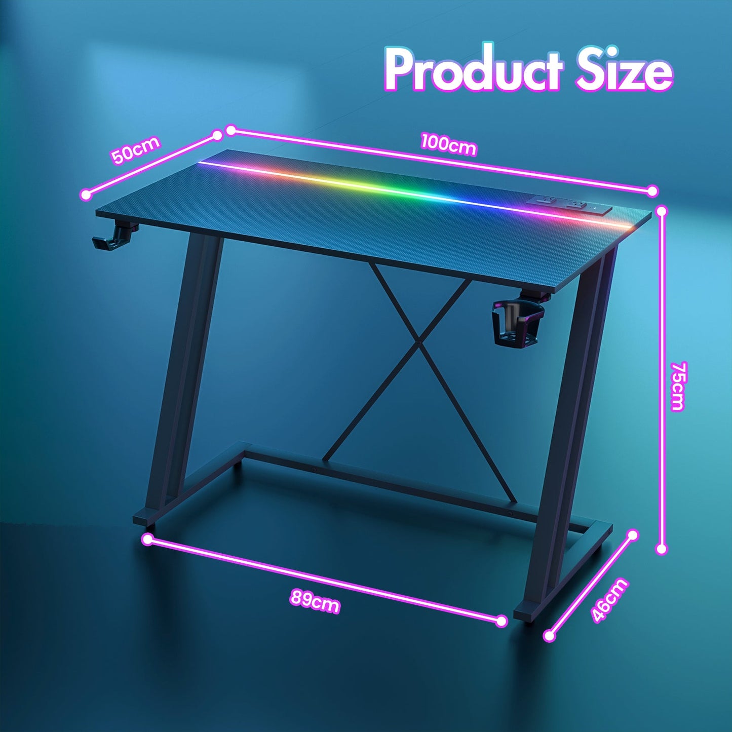 Advwin Gaming Desk Built-in LED Lights & Power Outlets