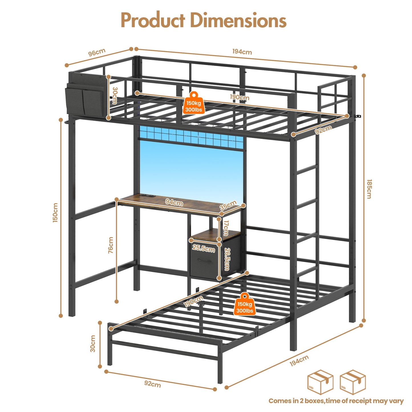 Advwin L-Shaped Bunk Bed w/ Desk Charging Station