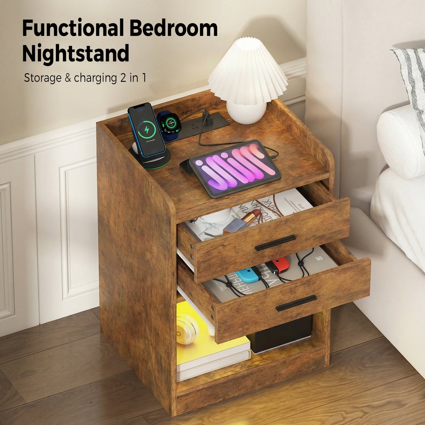 Advwin LED Bedside Table with Charging Station
