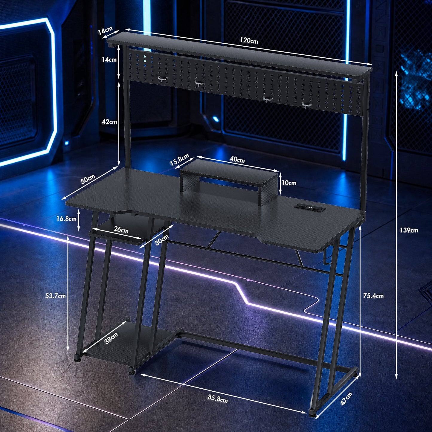 Advwin 120cm LED Gaming Desk w/ Movable Monitor Stand