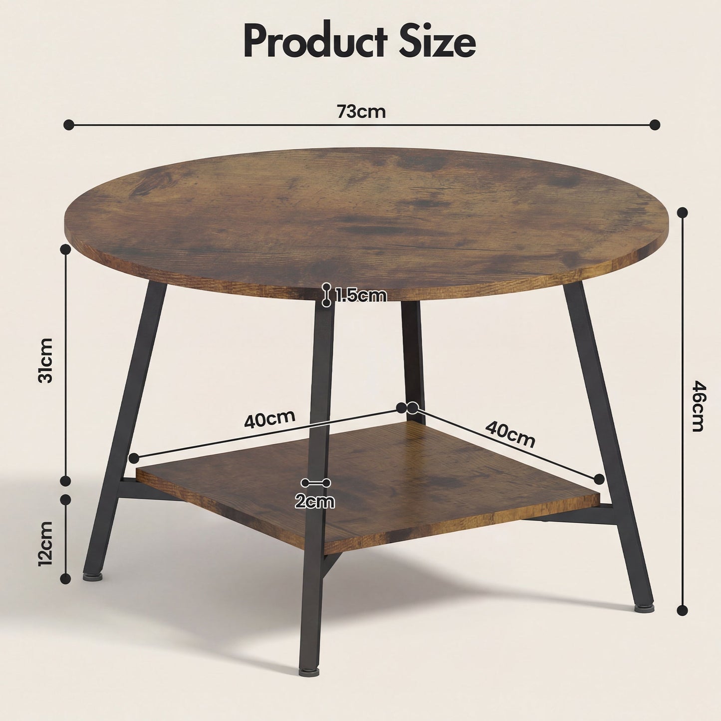 Advwin 73cm Round Coffee Table 2-Tier w/ Open Shelf