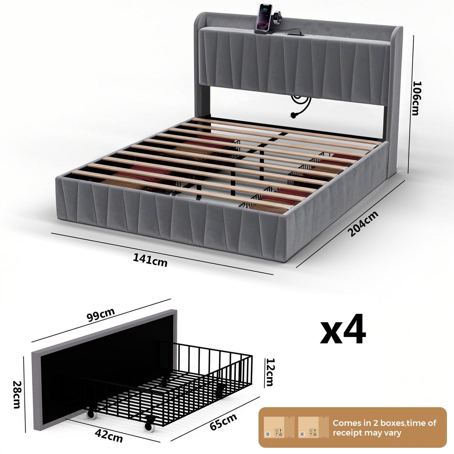 Advwin Bed Frame with Storage Drawers Dark Grey