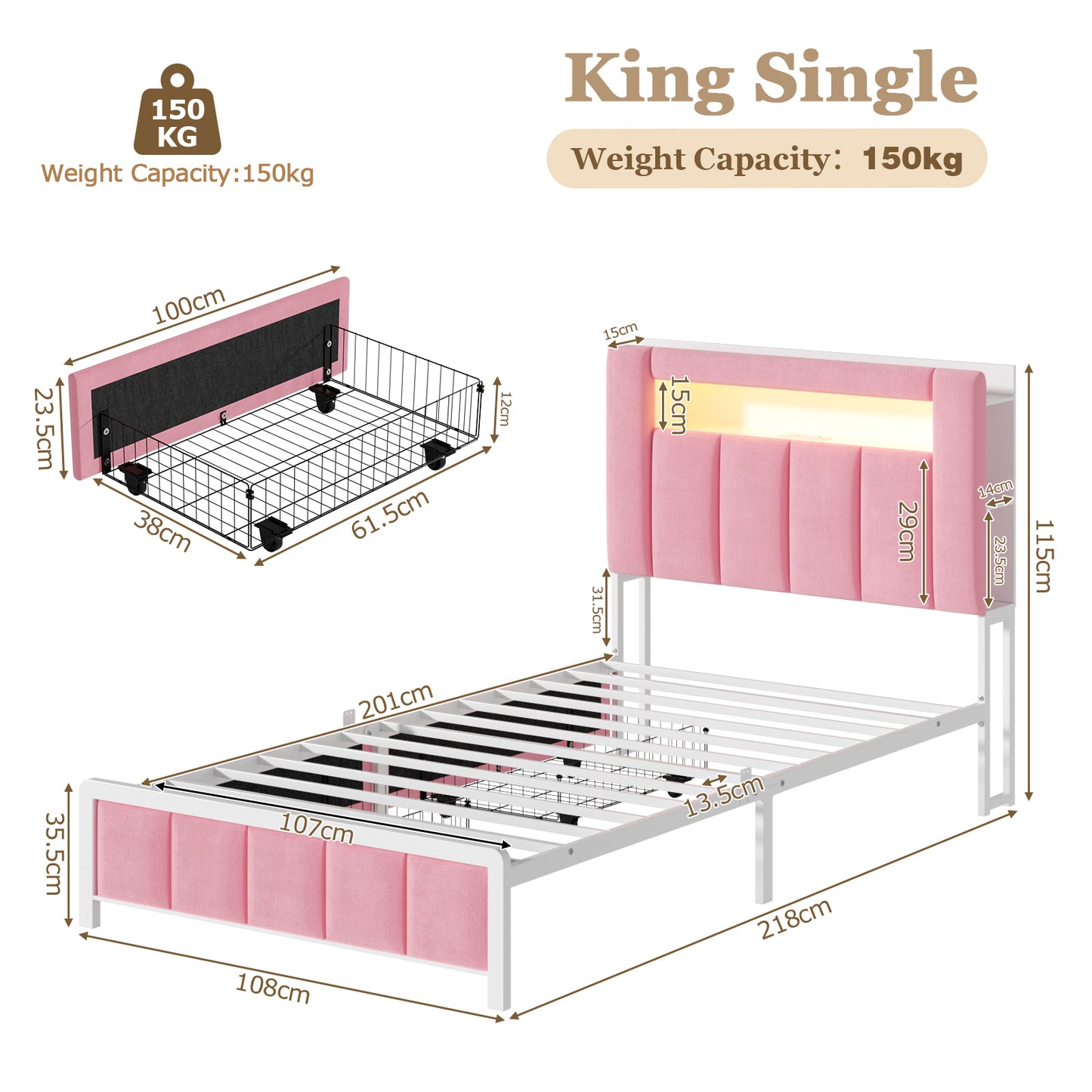 Advwin King Single Bed Frame w/ Charging Station