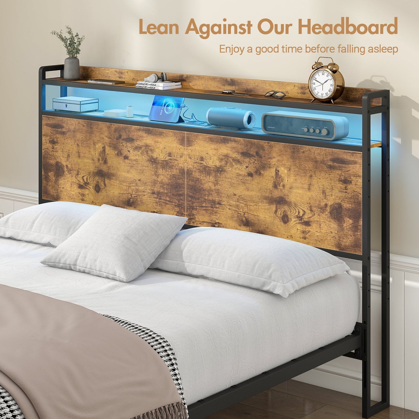 Advwin Storage Headboard with LED Light Charging Station