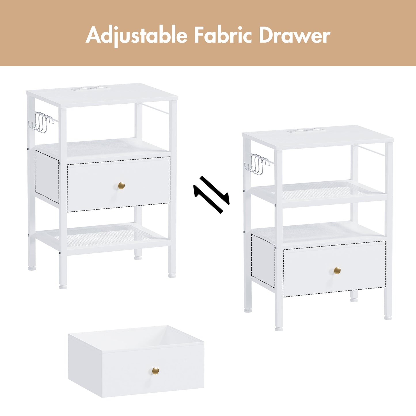 Advwin 3-Tier Bedside Table with Fabric Drawer and Lights
