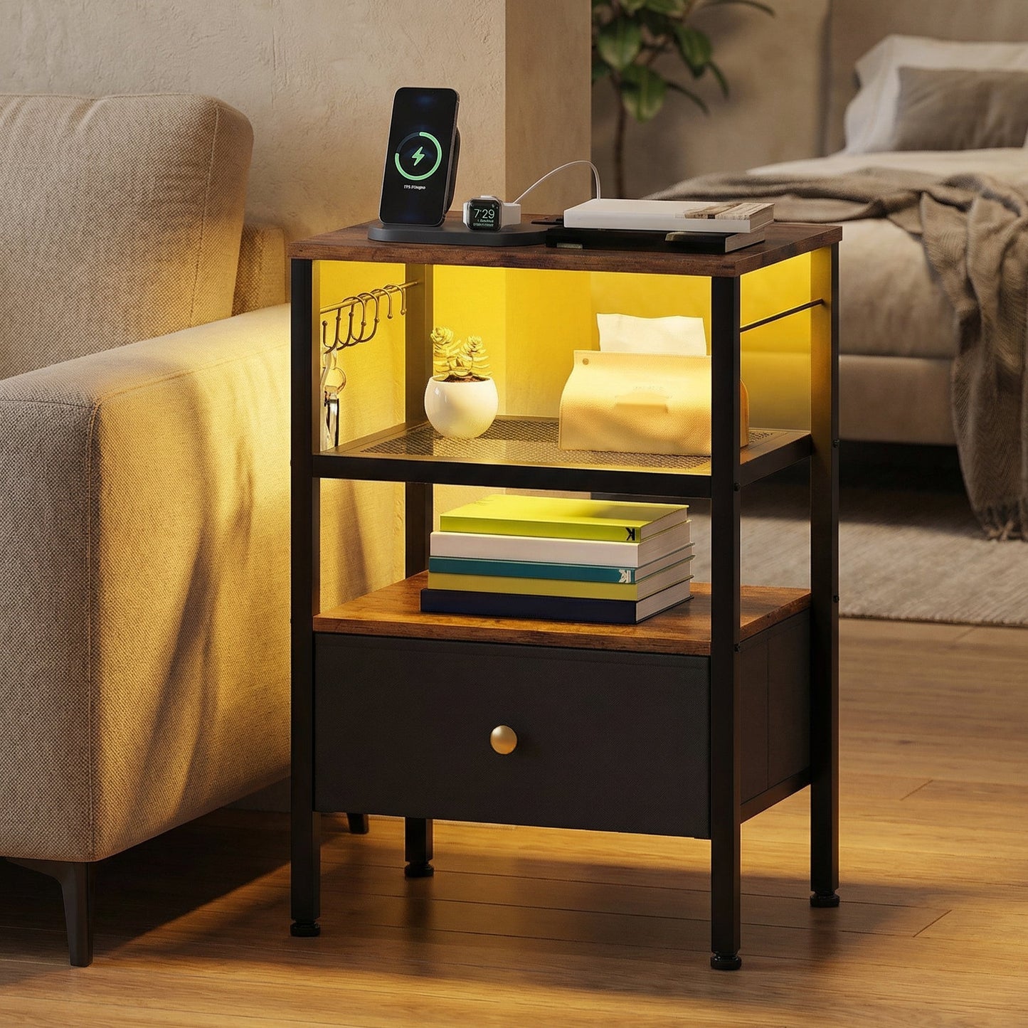 Advwin 3-Tier Bedside Table with Fabric Drawer and Lights