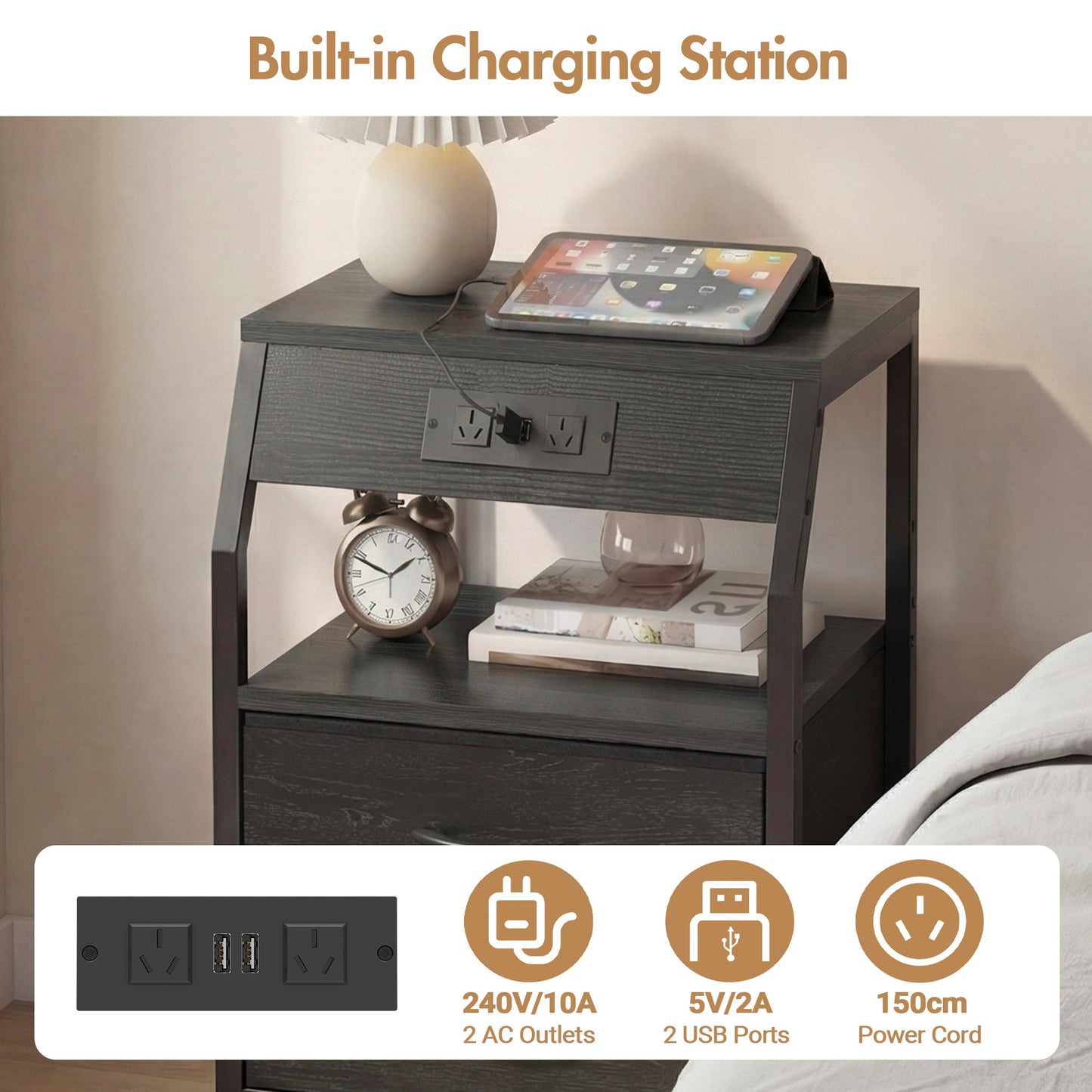 Advwin Bedside Table with 4 Drawers and Charging Station