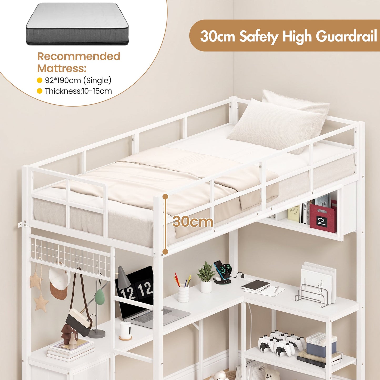 Advwin LED Loft Bed Frame w/ L-Shaped Desk & Charging Station