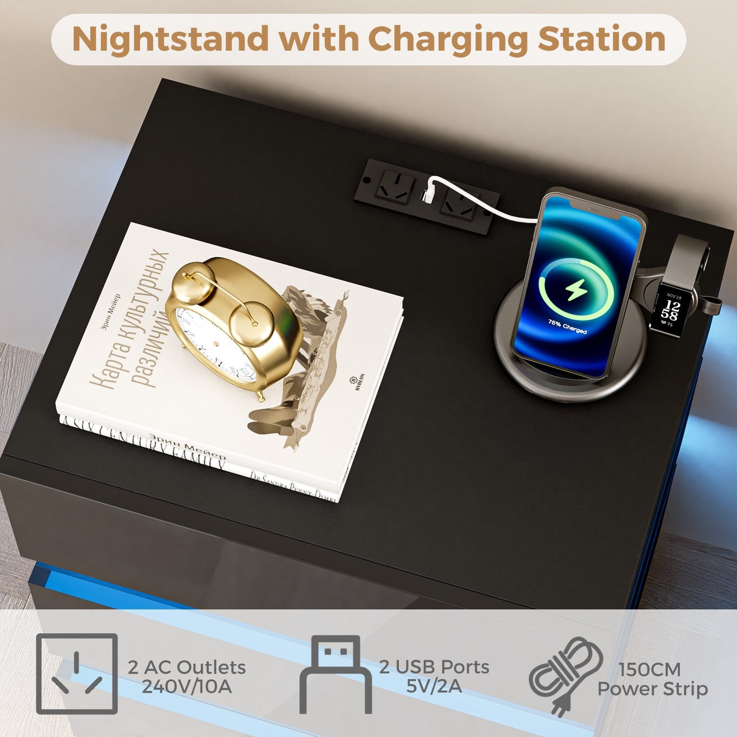 Advwin Bedside Table 3 Drawers With with Charging Station