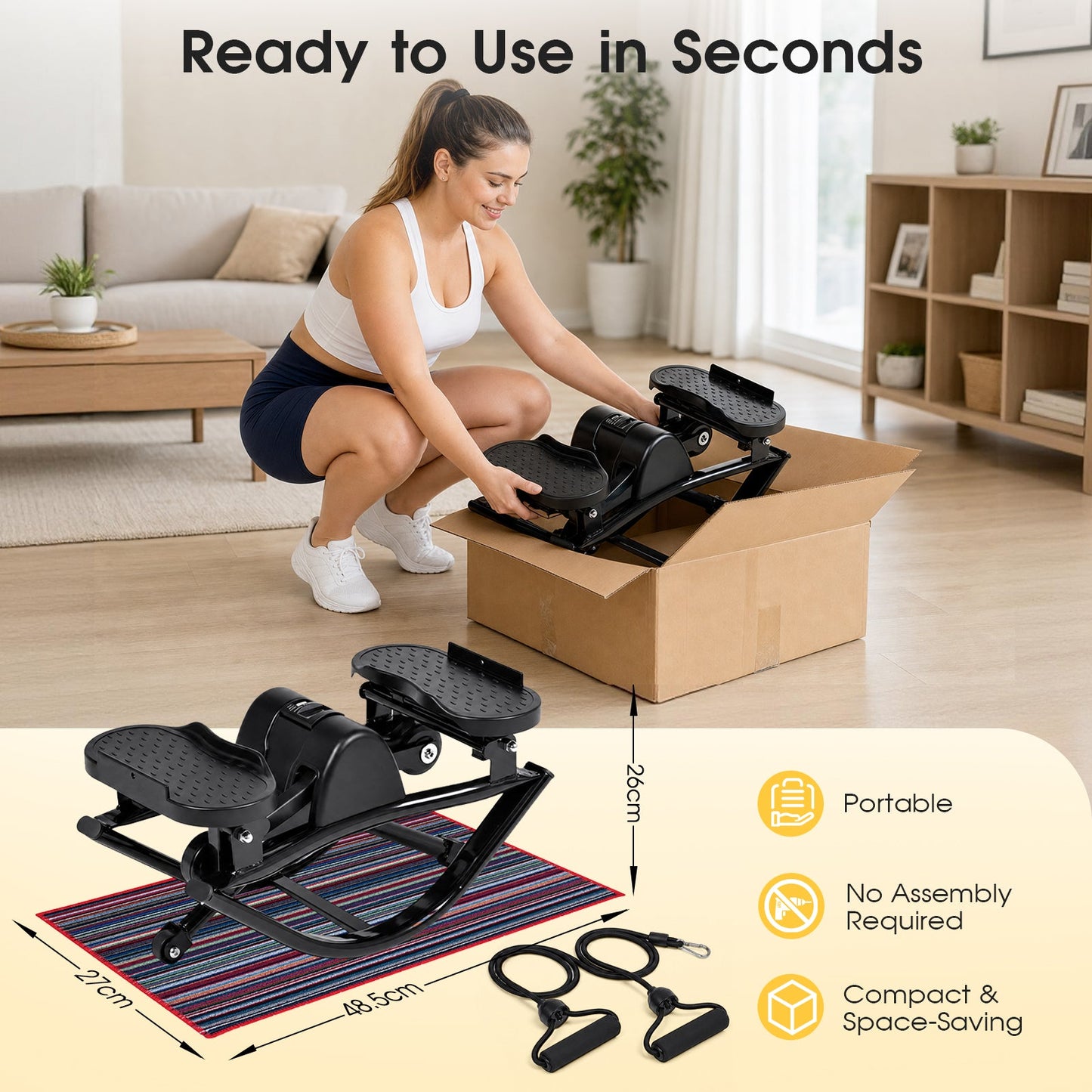 Advwin Side-To-Side Mini Stepper with Resistance Cords & Mat