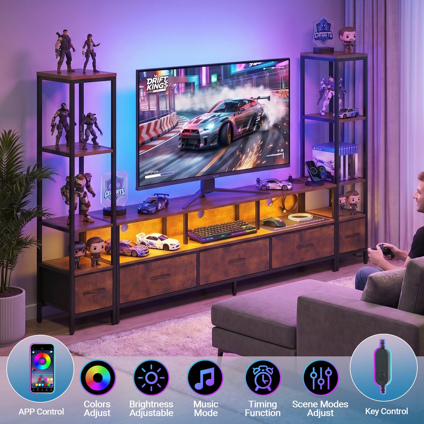 Advwin 197cm TV Stand with Bookshelf & LED Lights