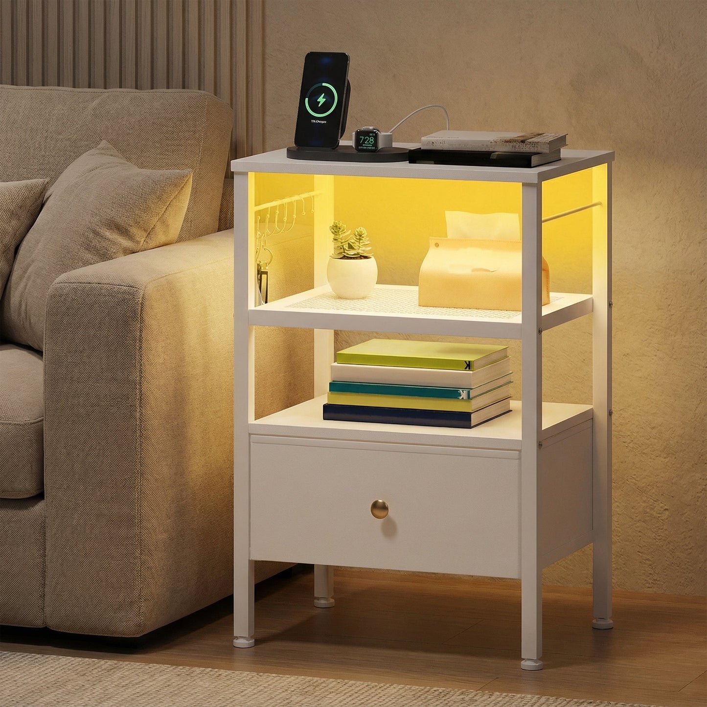 Advwin 3-Tier Bedside Table with Fabric Drawer and Lights