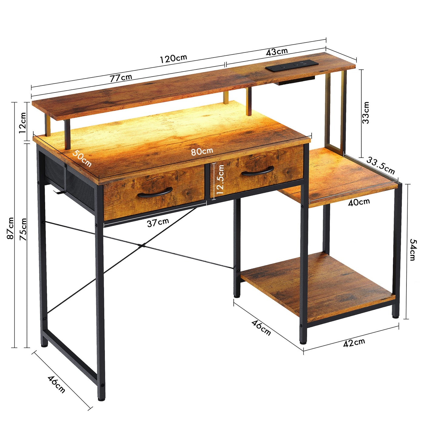 Advwin Gaming Desk with LED Lights Printer Storage Shelf