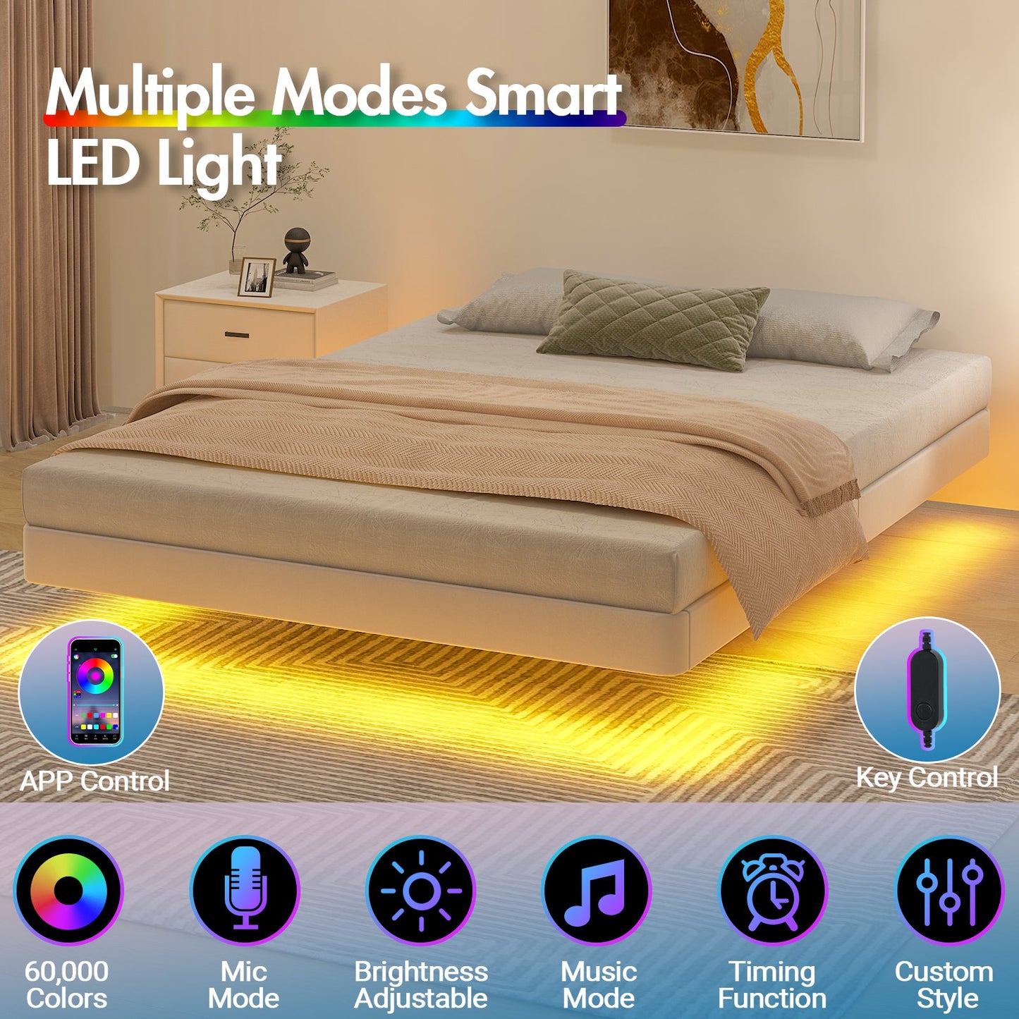 Advwin Velvet Upholstered Floating Bed Frame w/ LED