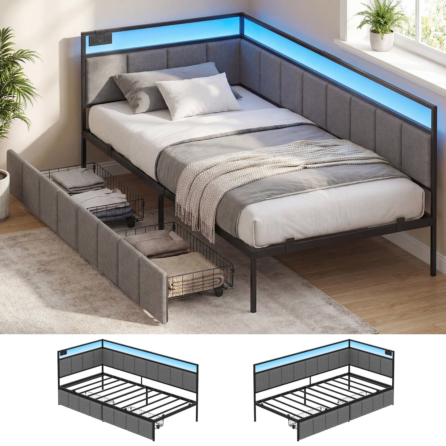 Advwin Corner Single Bed Frame with Charging Station