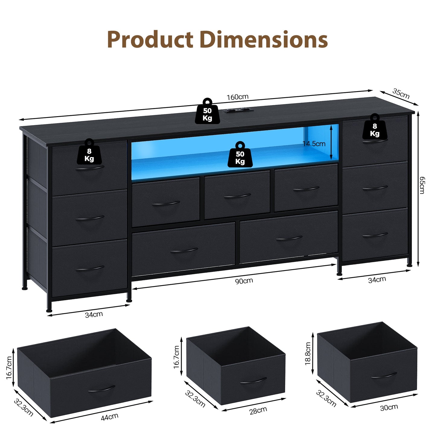 Advwin 160cm TV Stand with 11 Drawers & LED Lights