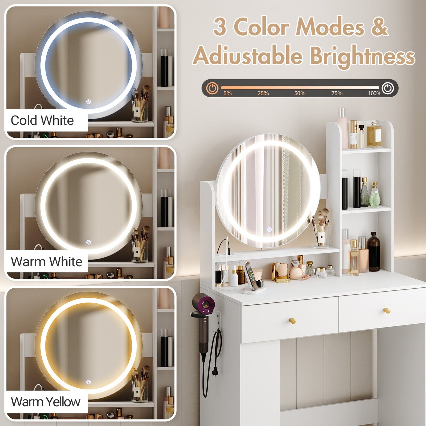 Advwin Makeup Vanity Desk with LED Round Mirror