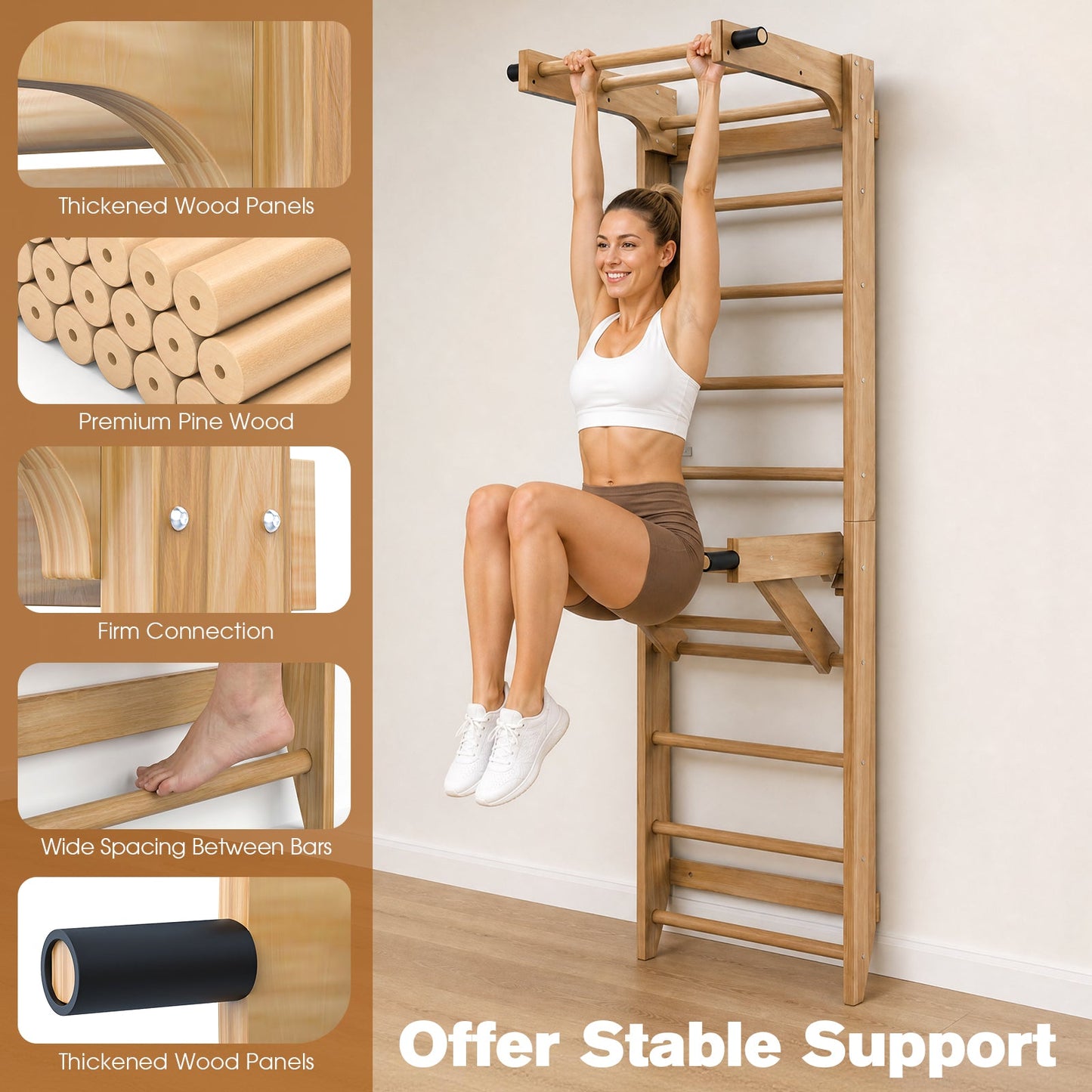 Advwin Wooden Swedish Ladder Wall Gym with Pull-Up Bar