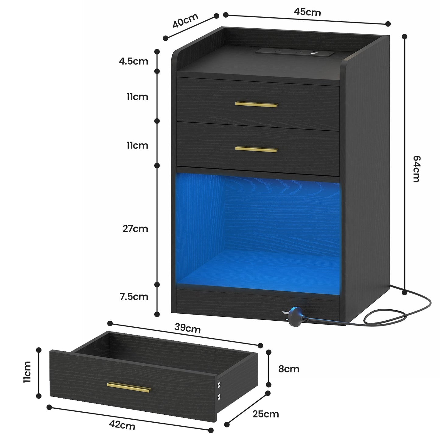 Advwin LED Bedside Table with Charging Station Set of 2