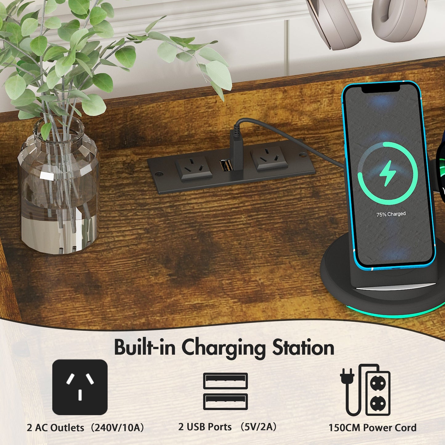Advwin LED Bedside Table with Charging Station