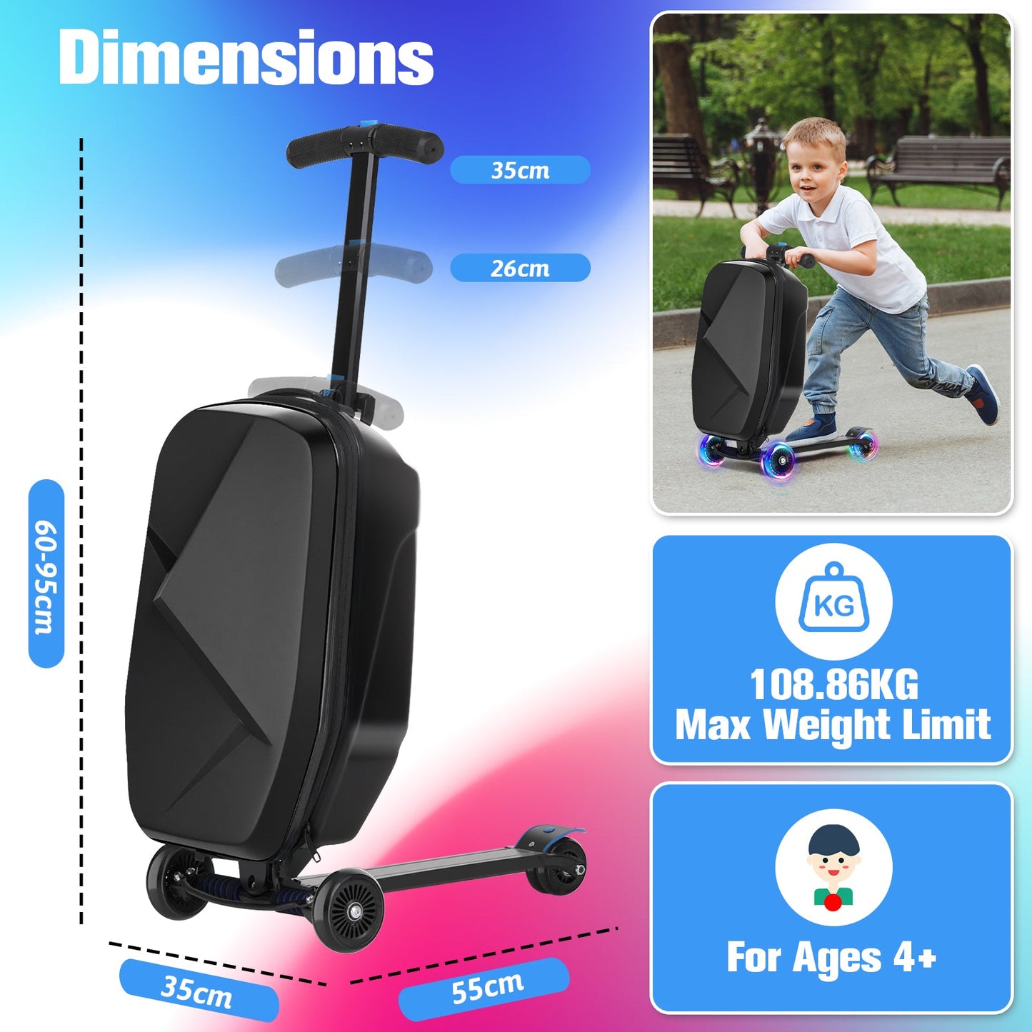 Advwin 2-in-1 Foldable Scooter Suitcase LED Wheels