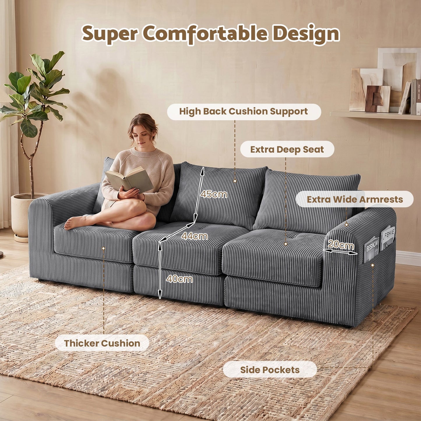 Advwin 235cm Corduroy 3-Seater Modular Sofa Bed