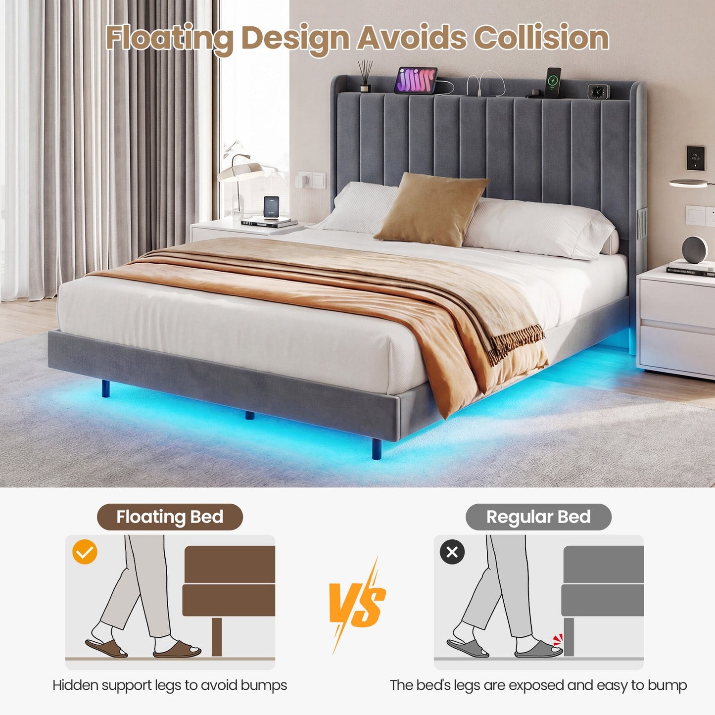 Advwin Velvet Floating Bed Frame with RGB LED