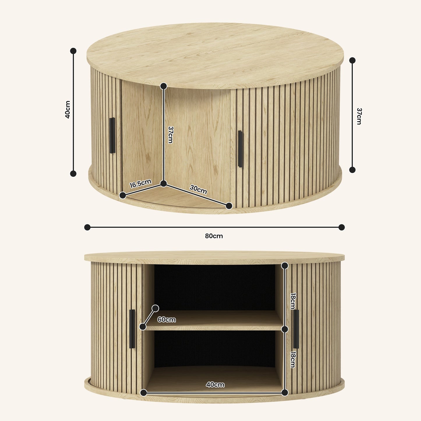 Advwin 80cm Round Coffee Table with Sliding Door & Storage