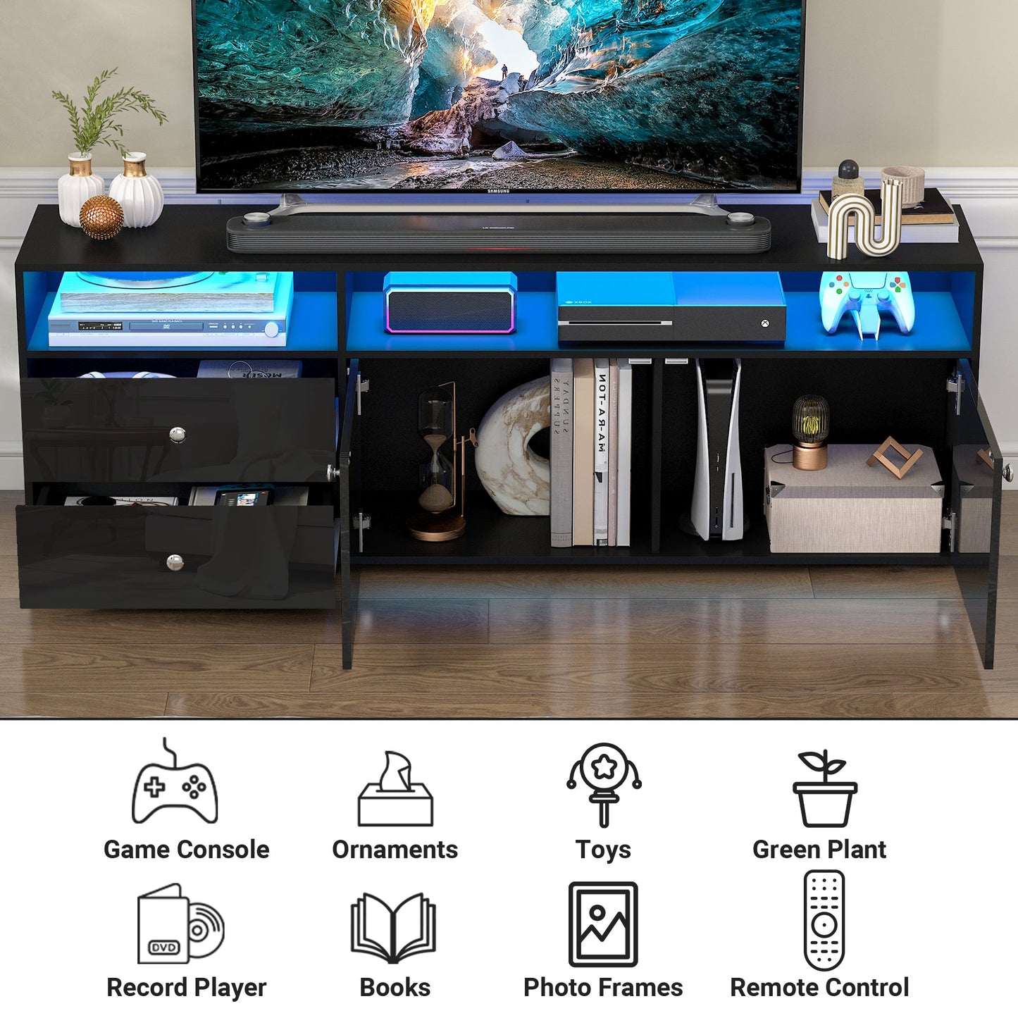 Advwin 140cm LED TV Cabinet Media Console Black