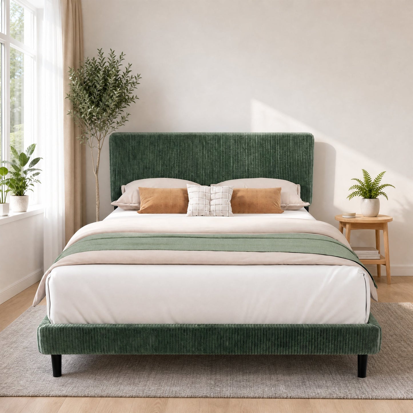 Advwin Upholstered Bed w/ Adjustable Headboard Green