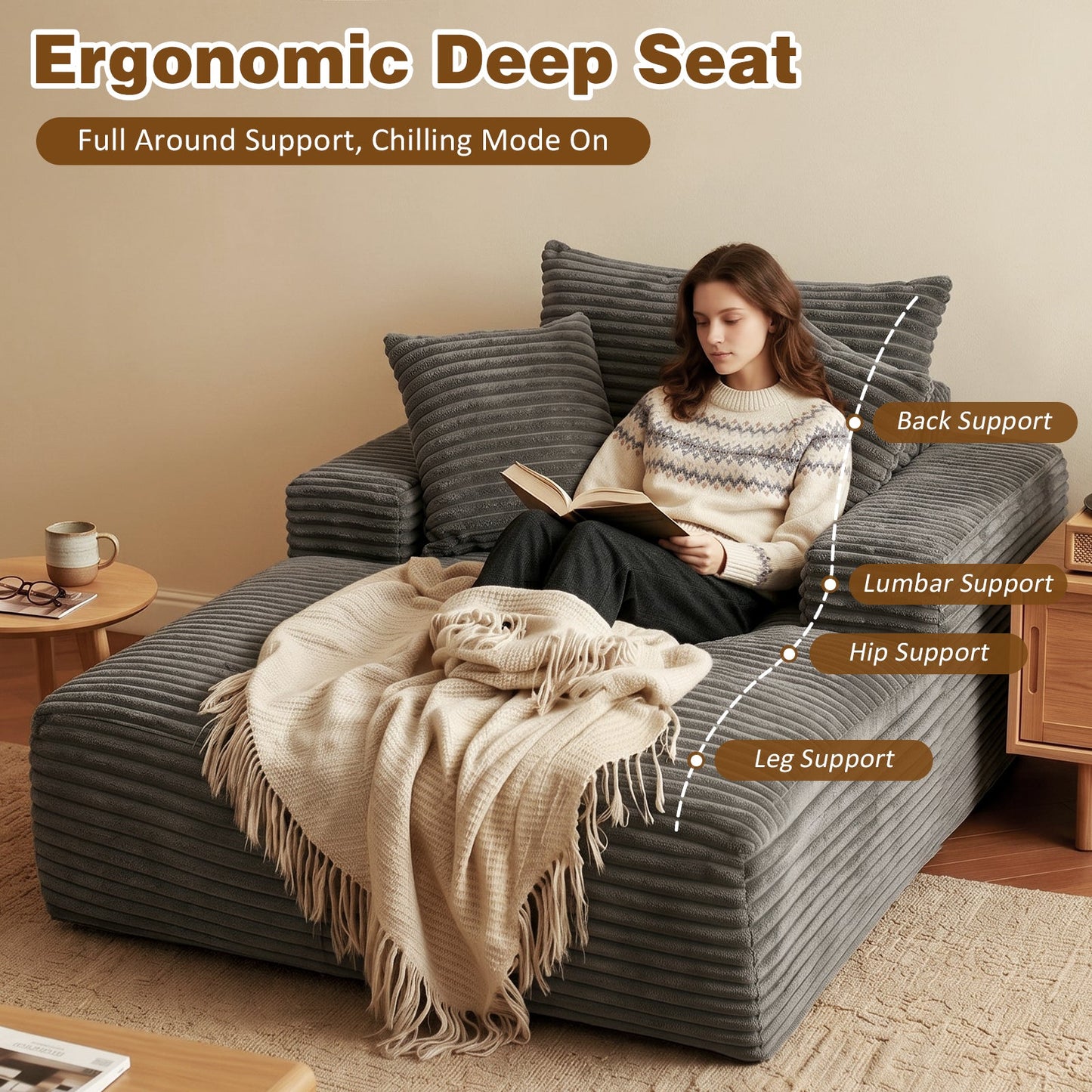 Advwin 132cm Corduroy Chaise Lounge Chair with Cushion