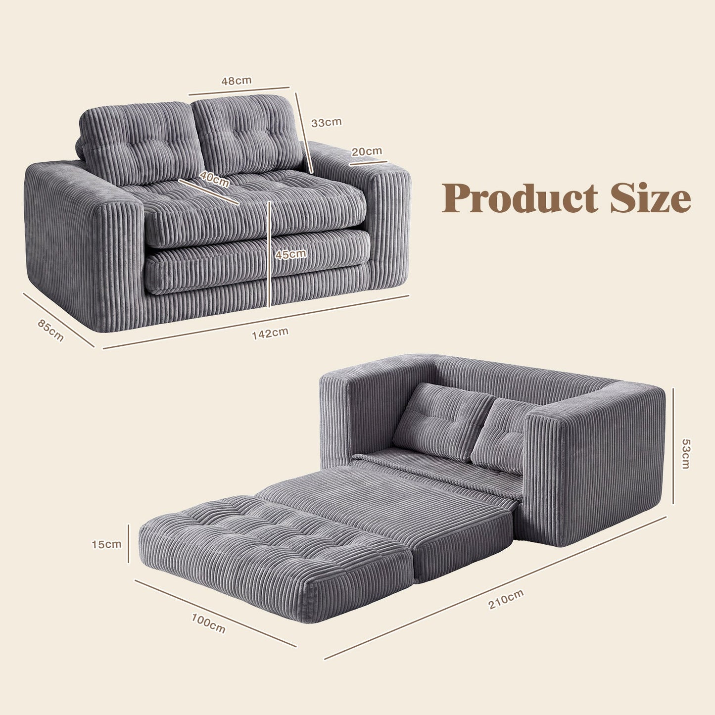 Advwin Folding Sofa Bed  Fold Out Corduroy Sleeper Couch