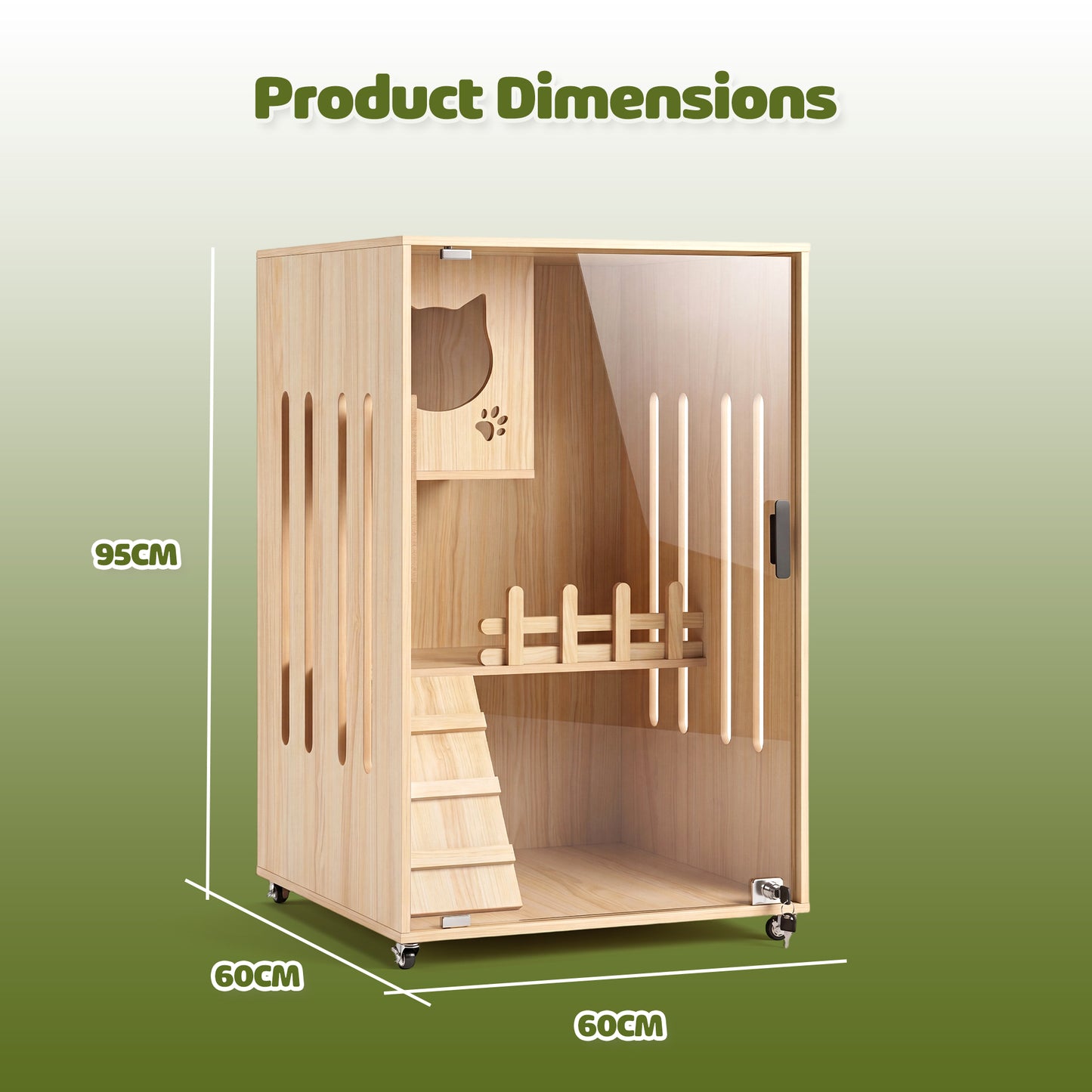 Advwin Large Wooden Cat Enclosure with Wheels & Glass Doors