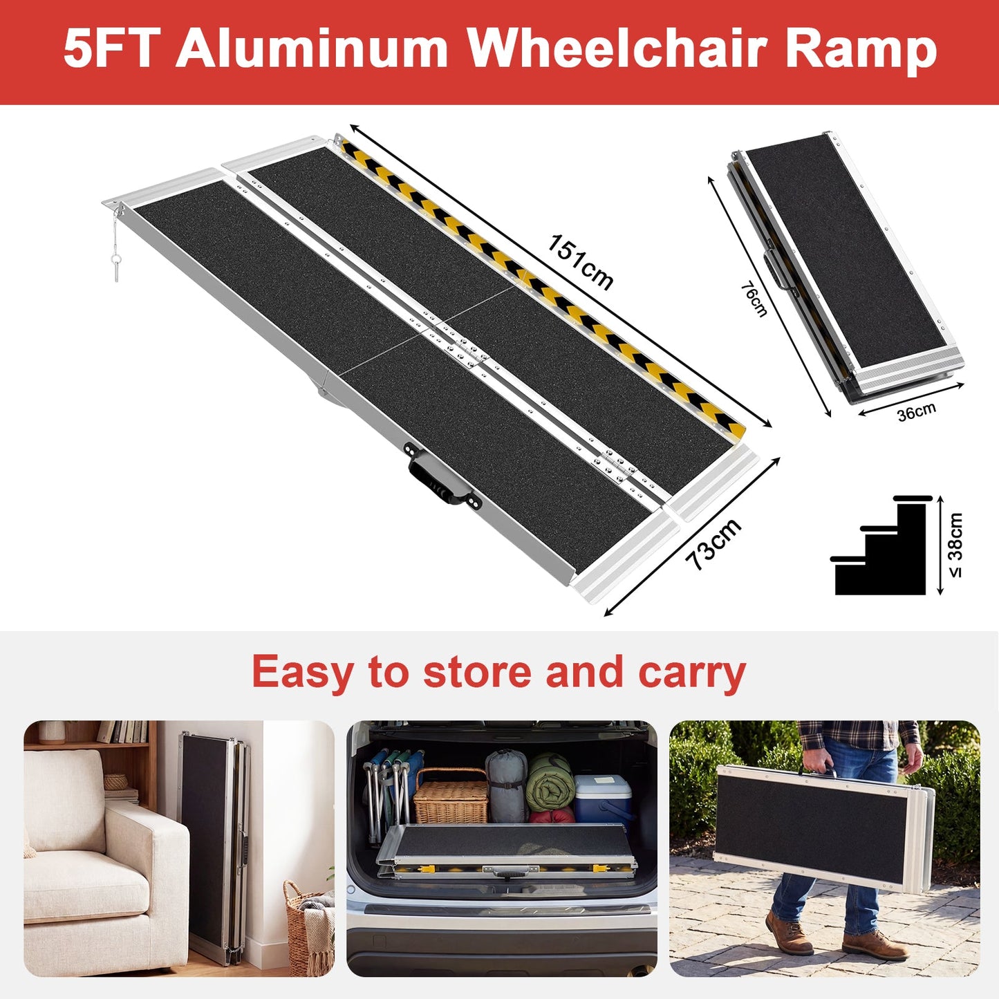 Advwin Wheelchair Ramp 5FT Portable Folding Aluminium Ramp