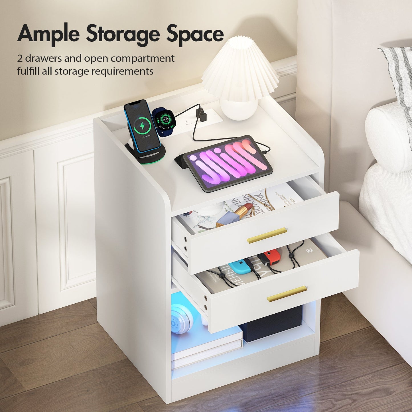 Advwin LED Bedside Table with Charging Station Set of 2