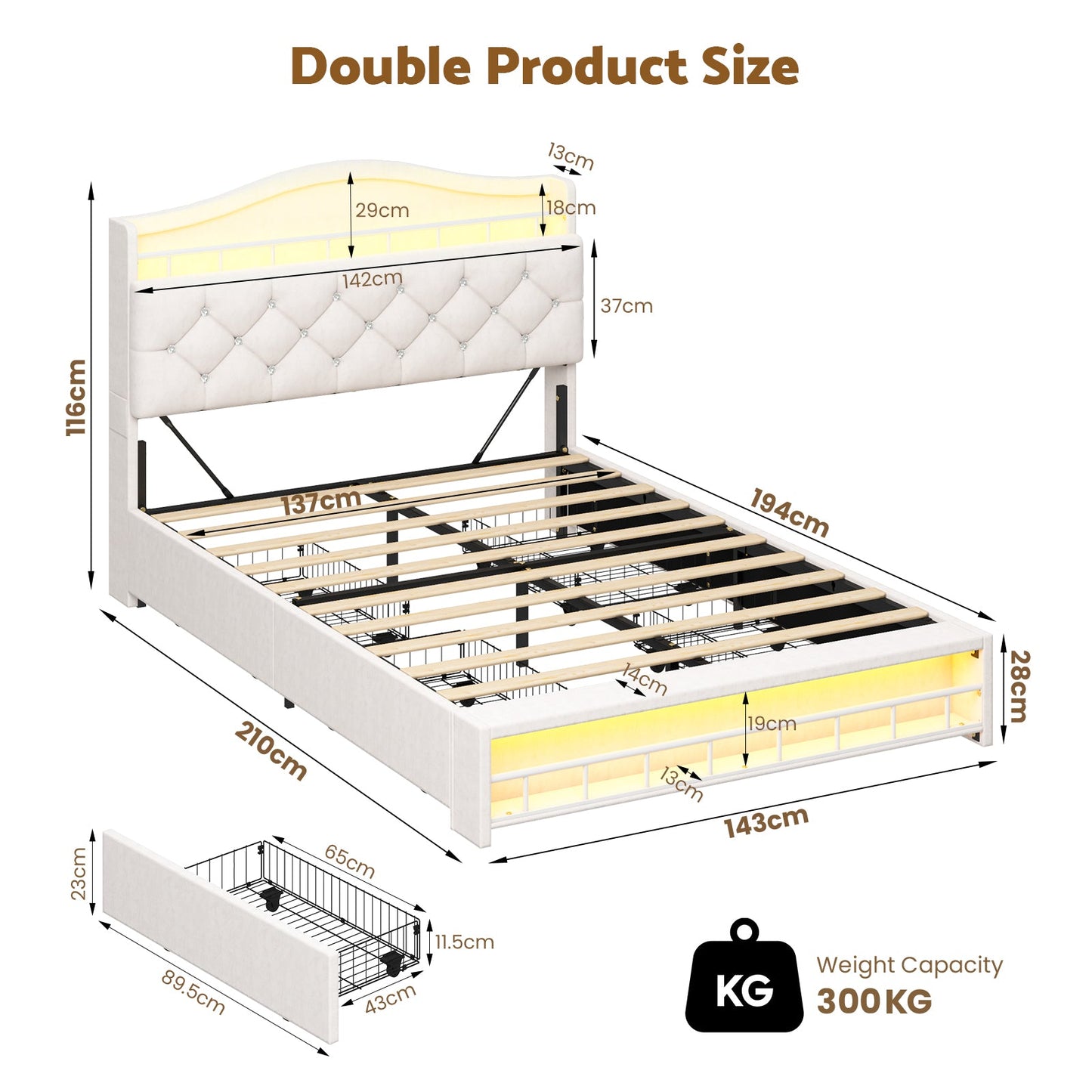 Advwin Princess Bed Frame w/ Charging Station & 4 Drawers