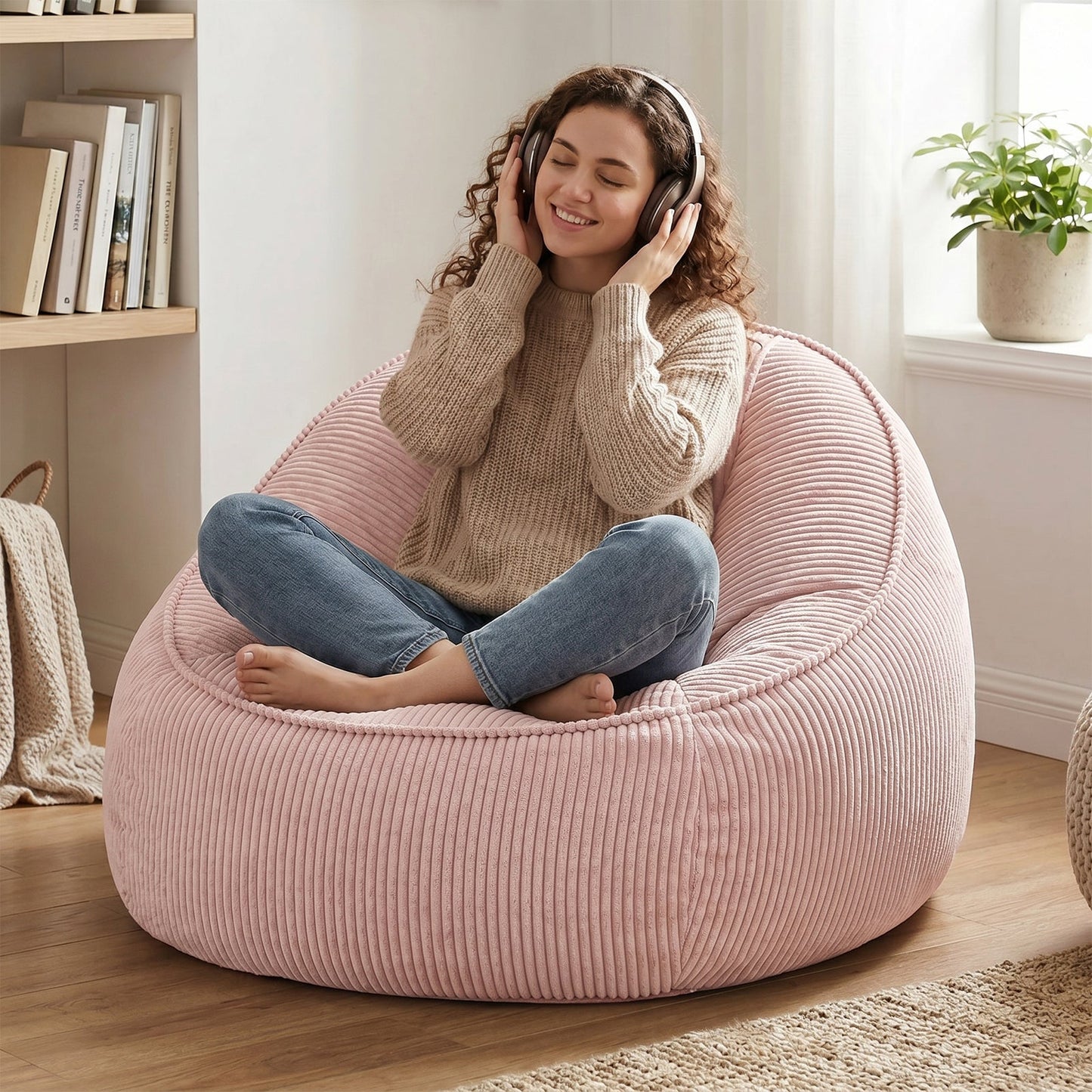 Advwin 90*92cm Corduroy Beanbag Sofa with Backrest