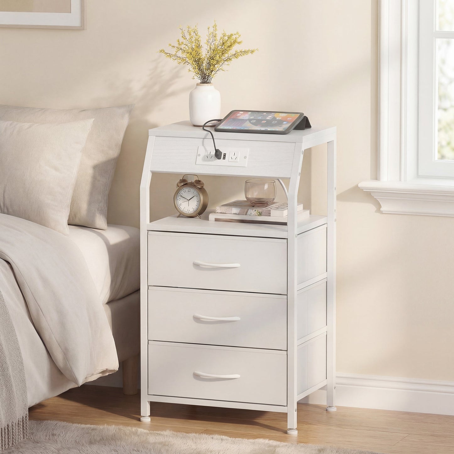Advwin Bedside Table with 3 Drawers and Charging Station