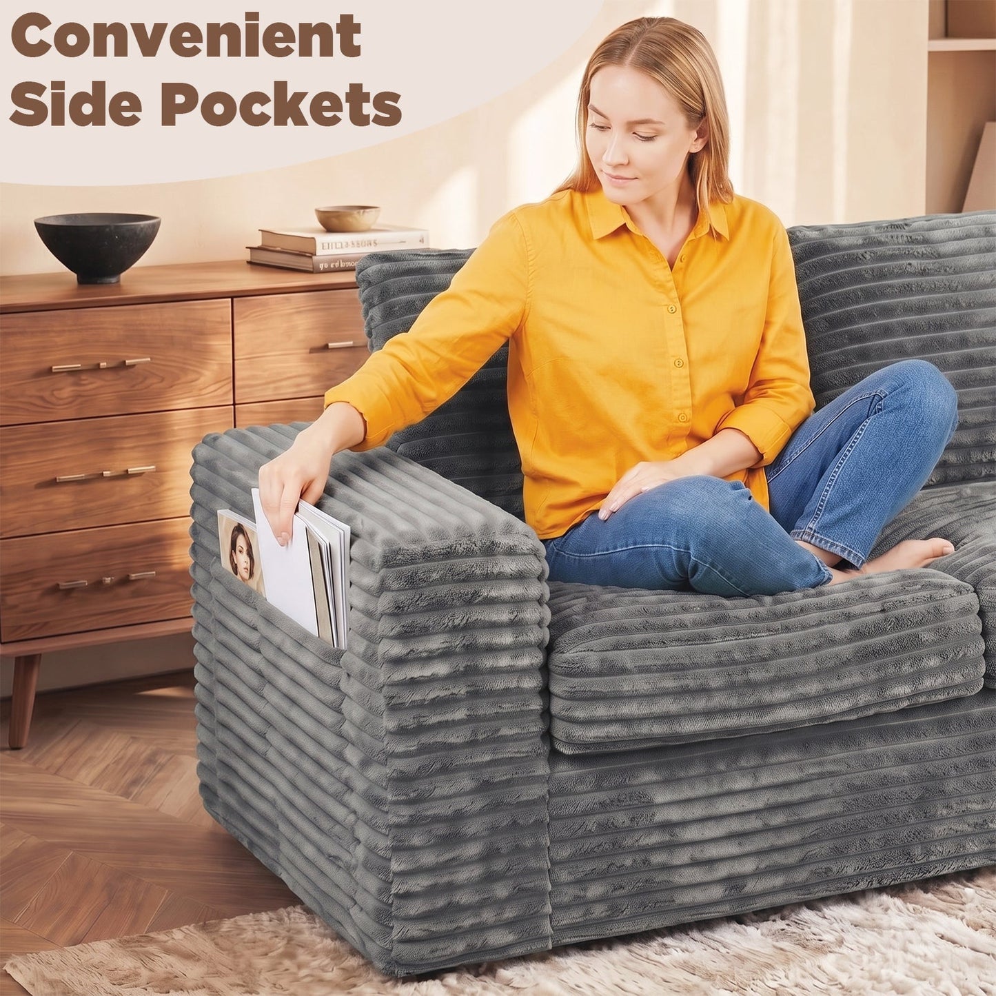 Advwin 162cm Loveseat Floor Sofa Corduroy Boneless Couch