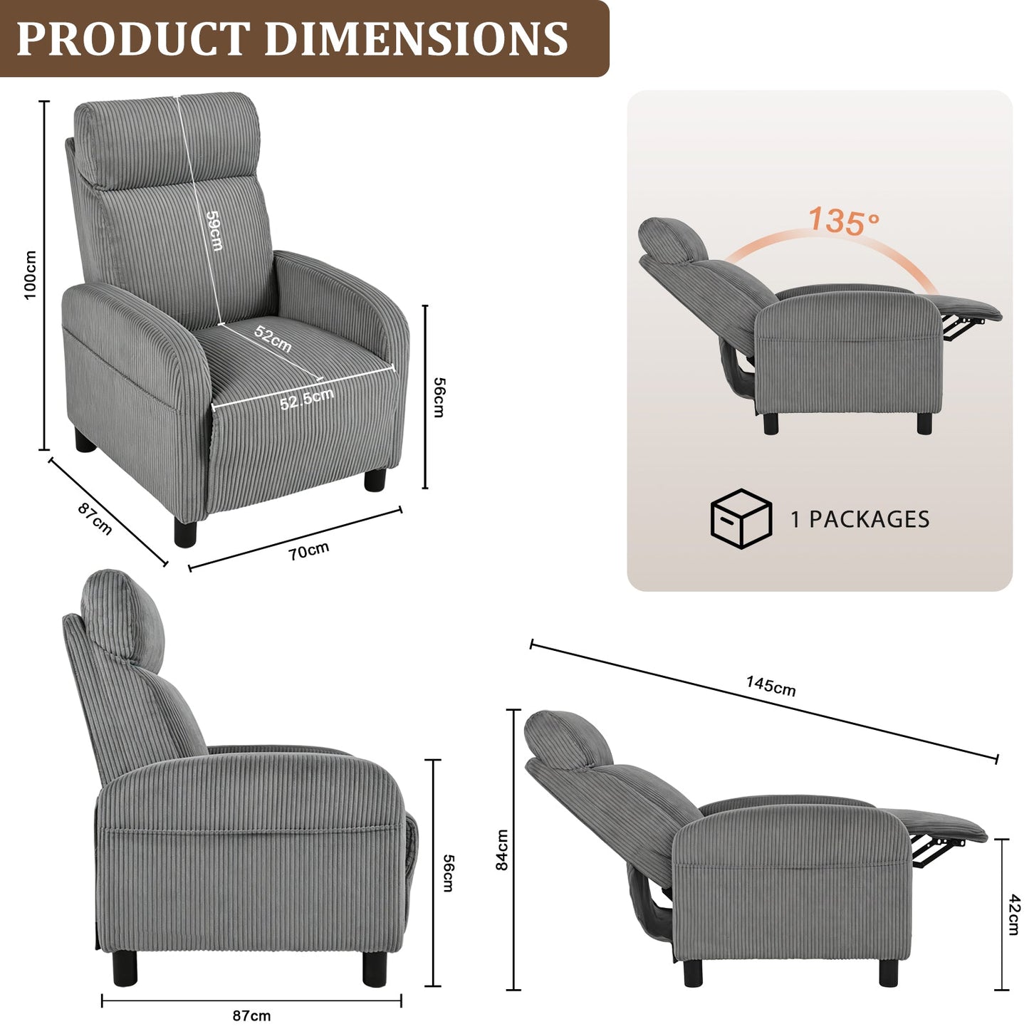 Advwin Recliner Chair with Adjustable Backrest & Footrest