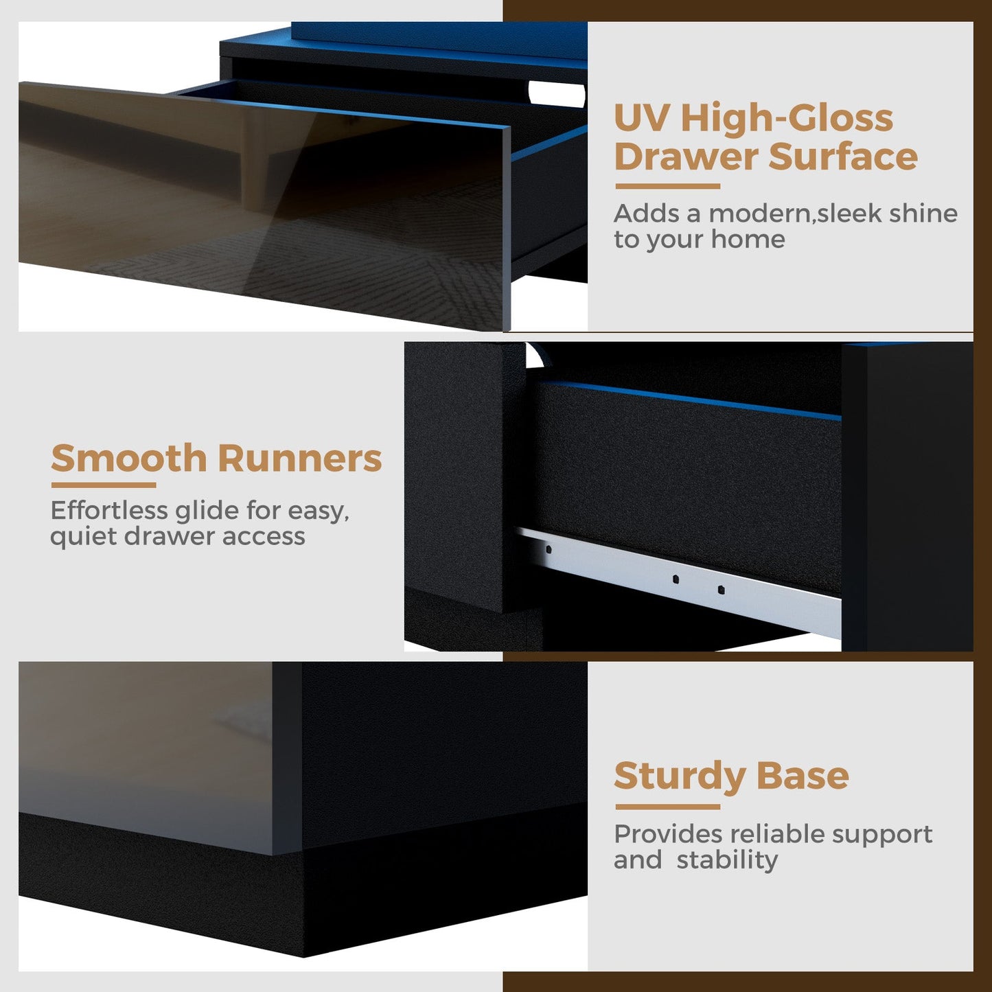 Advwin Bedside Table 3 Drawers With with Charging Station