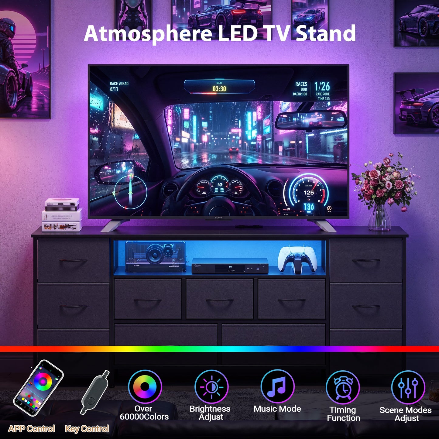 Advwin 160cm TV Stand with 11 Drawers & LED Lights