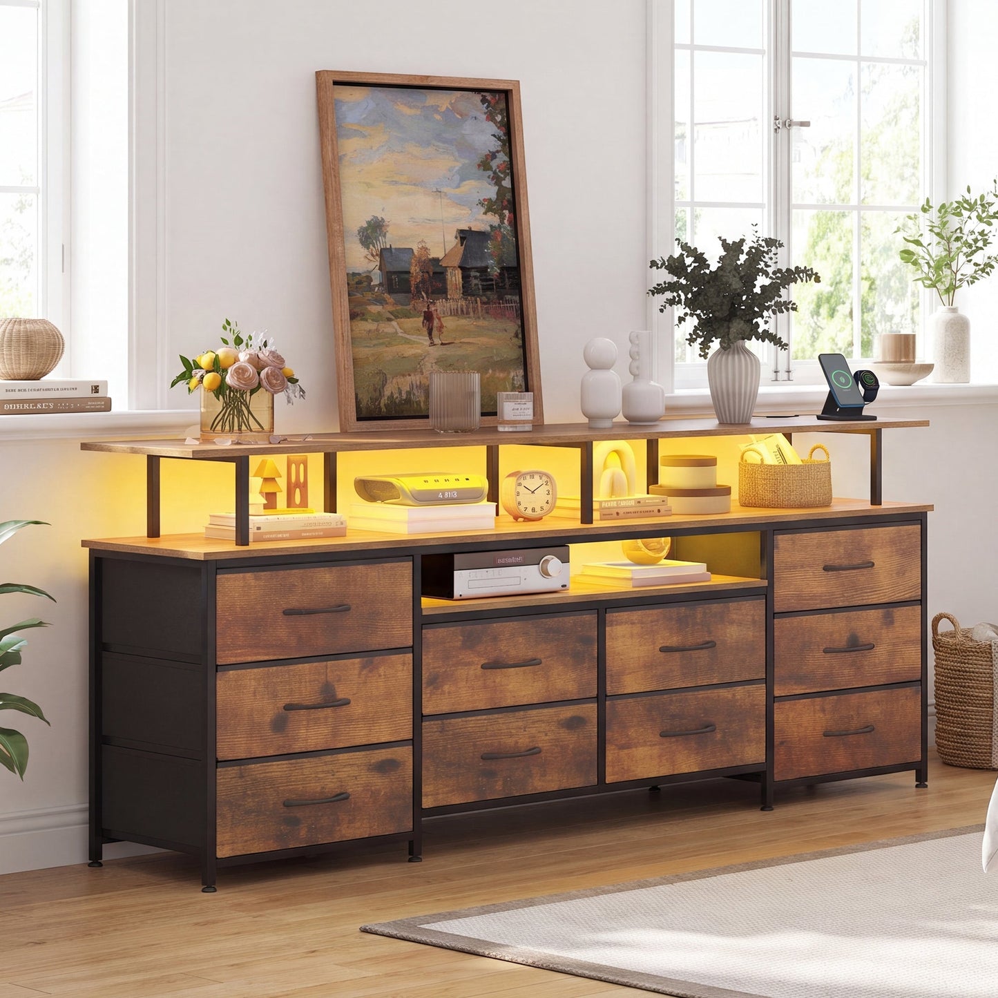 Advwin 160cm TV Stand with Open Storage & LED Lights