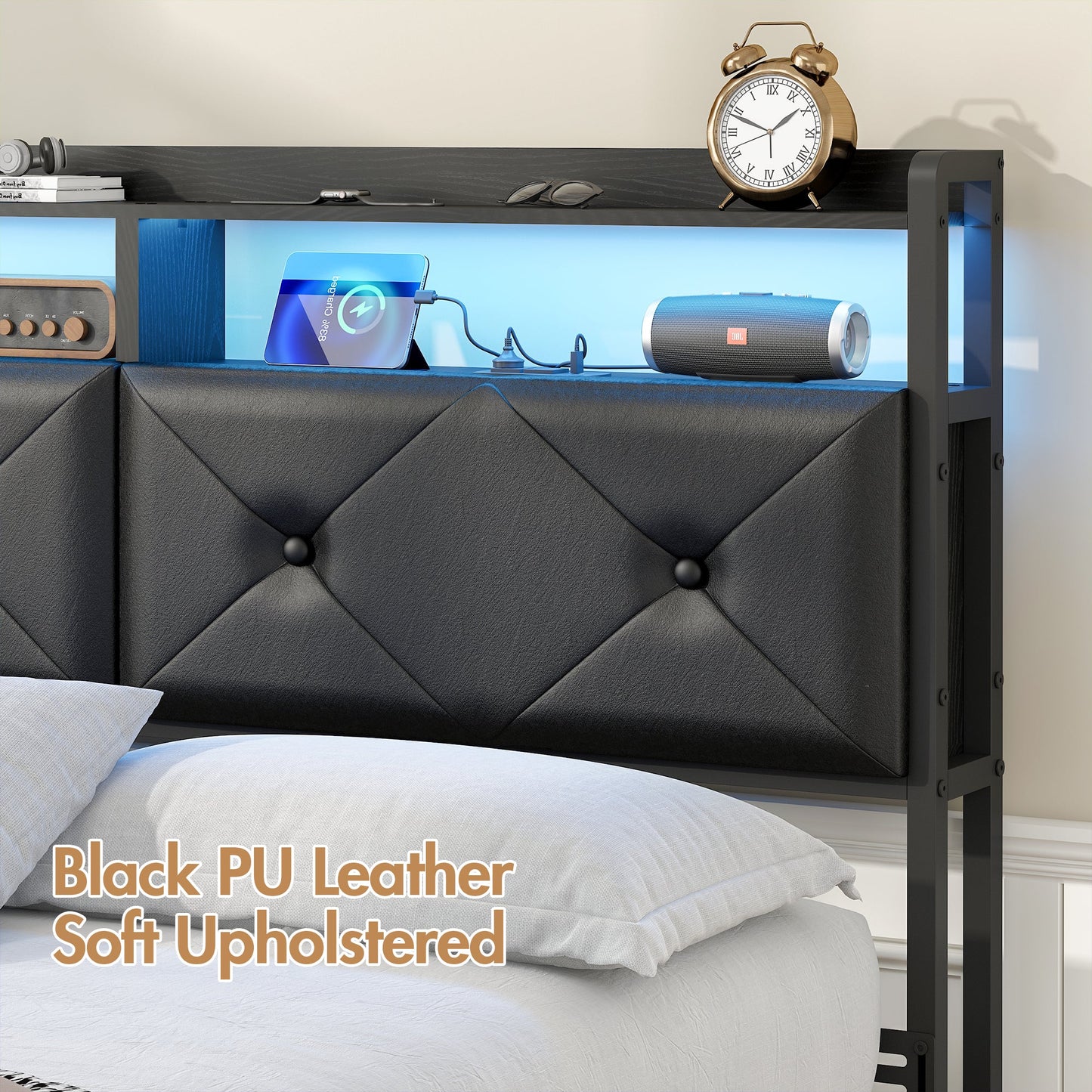 Advwin Headboard with LED Light Charging Station Black