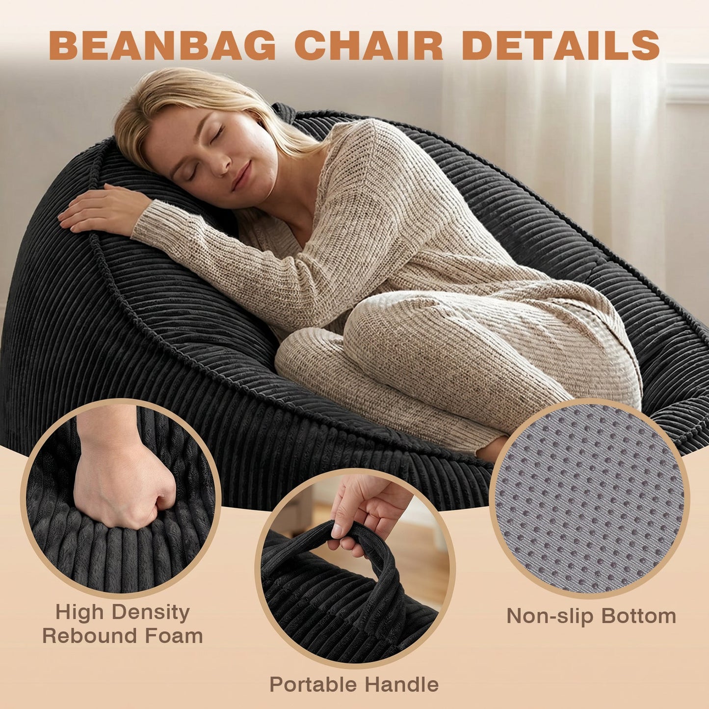 Advwin 90*92cm Corduroy Beanbag Sofa with Backrest