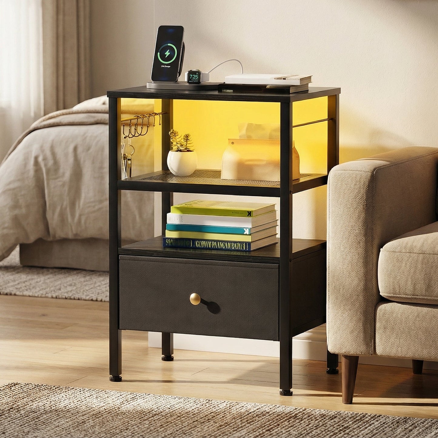 Advwin 3-Tier Bedside Table with Fabric Drawer and Lights