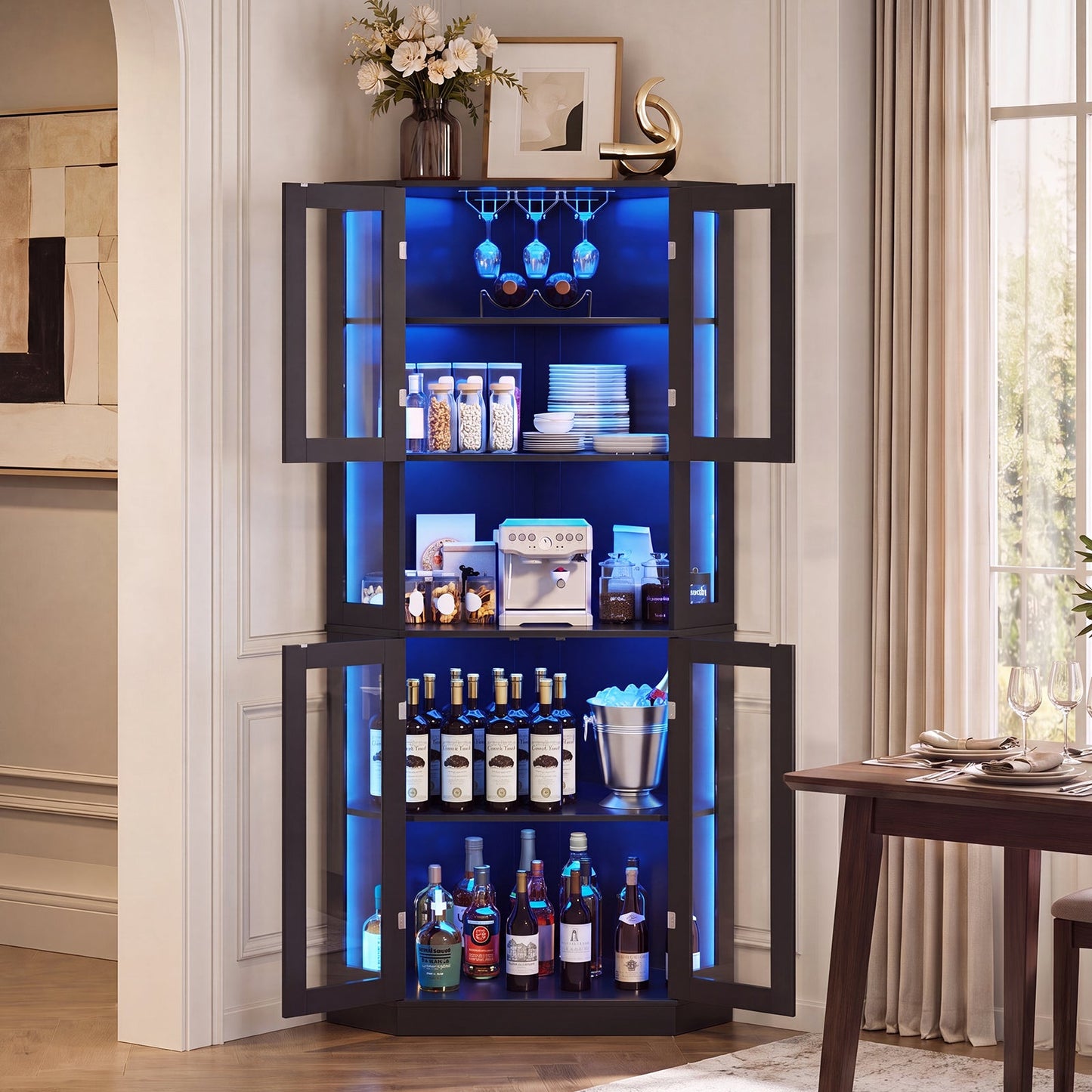 Advwin Corner Bar Cabinet with LED & Wine Glass Rack