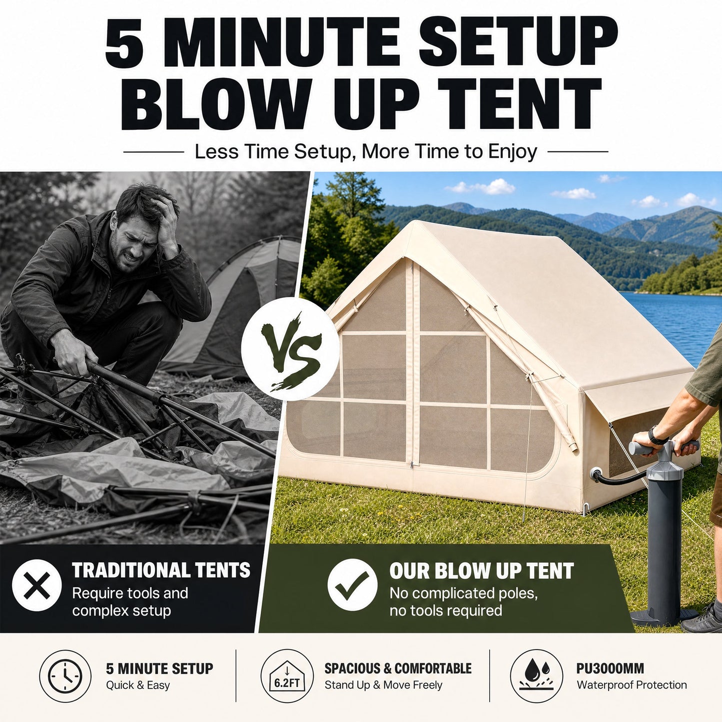 Advwin 2-6 Person Inflatable Glamping Tent with Pump