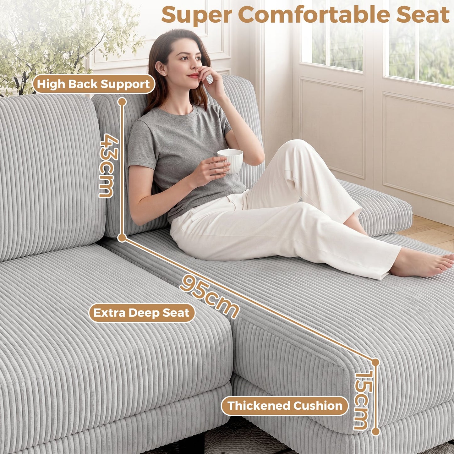 Advwin 4-Seater U Shape Corduroy Sectional Sofa 280cm
